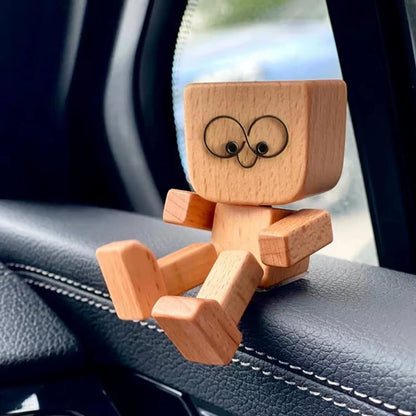 Cute Car Shaking Wooden Man Figurine Interior Wood Ornaments with 12 Magnetic Expressions Handmade Wooden Wiggle Ornament Gift