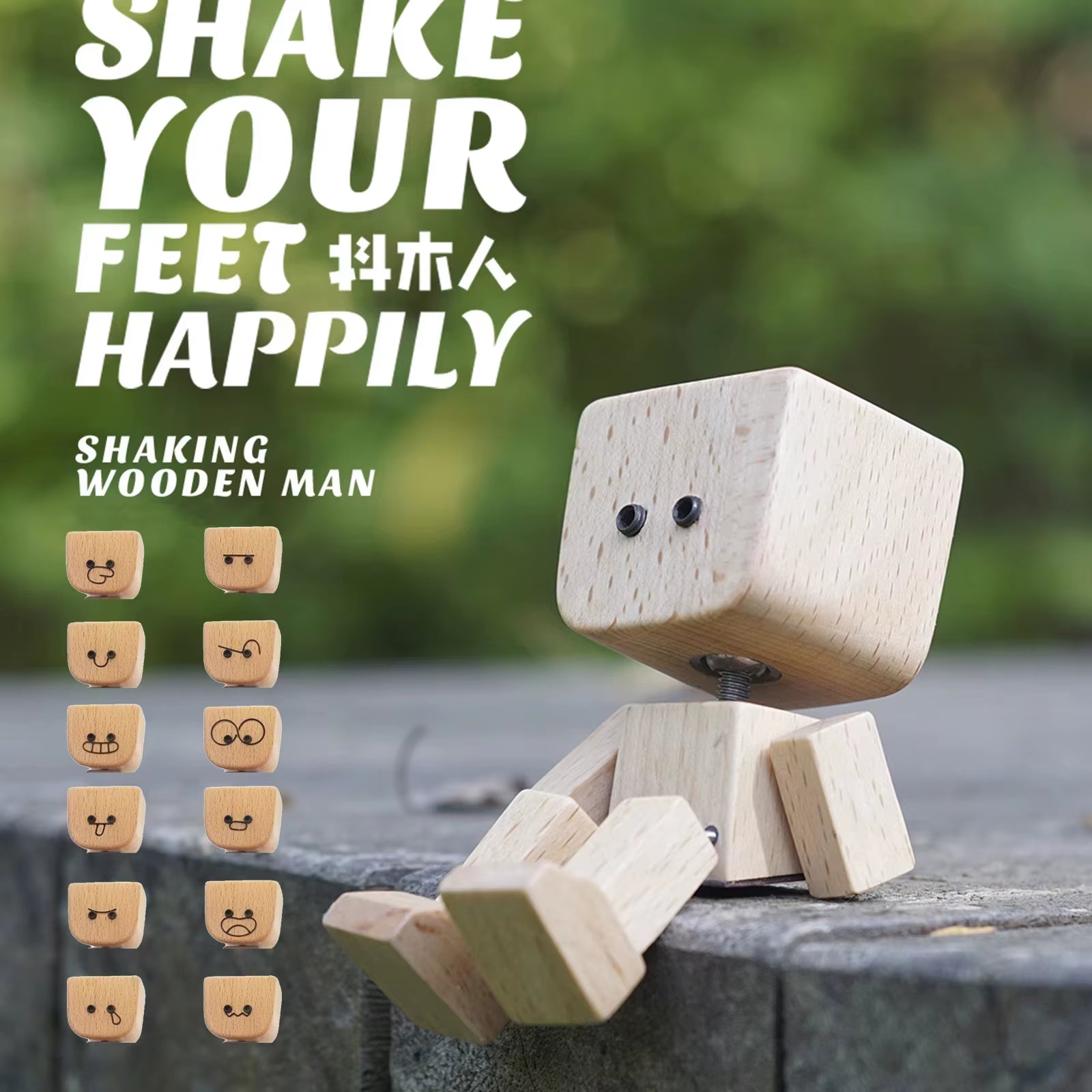 Cute Car Shaking Wooden Man Figurine Interior Wood Ornaments with 12 Magnetic Expressions Handmade Wooden Wiggle Ornament Gift