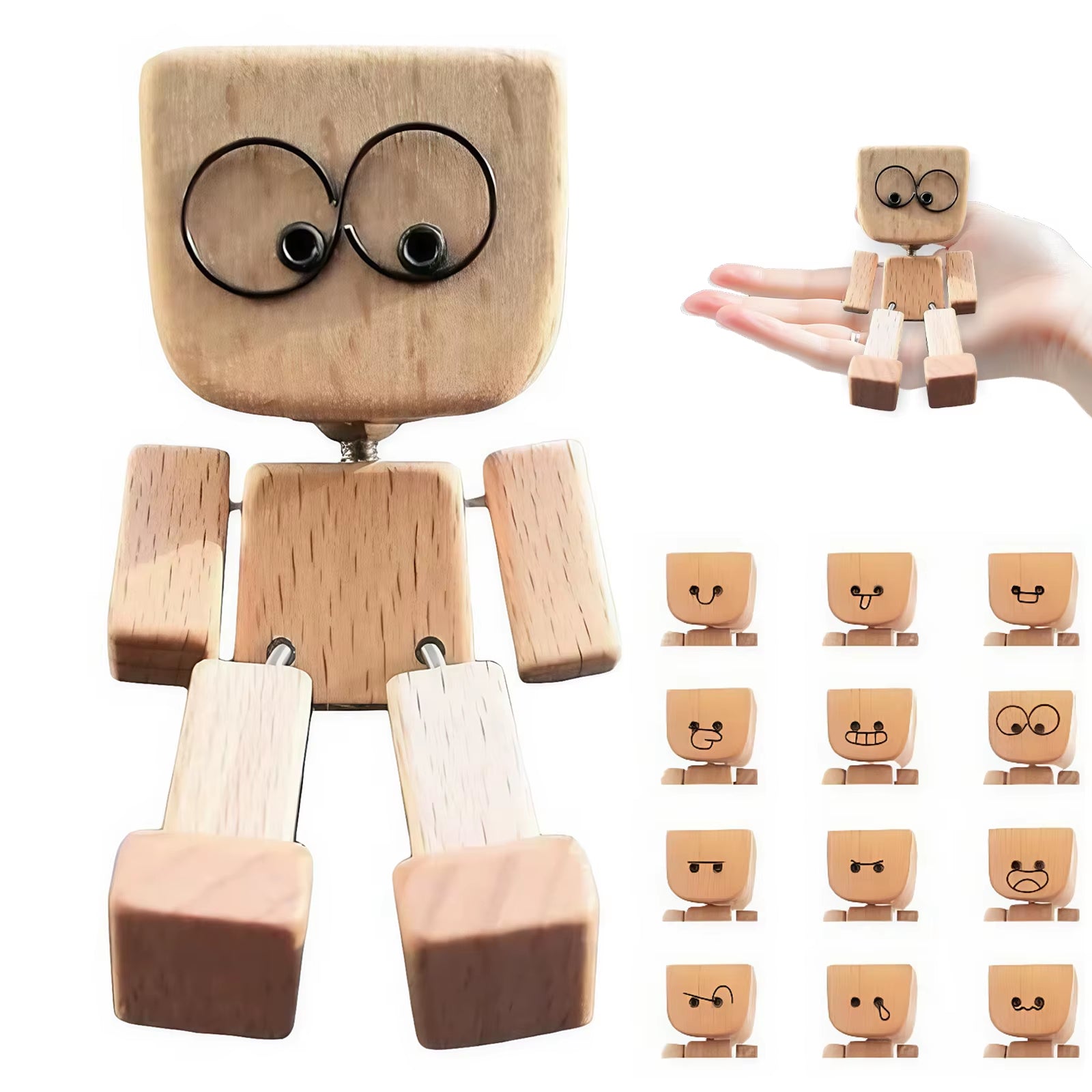 Cute Car Shaking Wooden Man Figurine Interior Wood Ornaments with 12 Magnetic Expressions Handmade Wooden Wiggle Ornament Gift